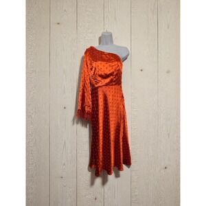 Vici Red Dress Size Medium Off-shoulder with feather fringe on arm